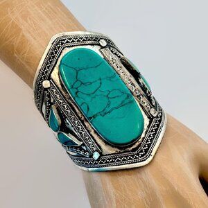 Vintage Bracelet Afghan Middle Eastern Silver Cuff Green Jasper Big Wide Ethnic